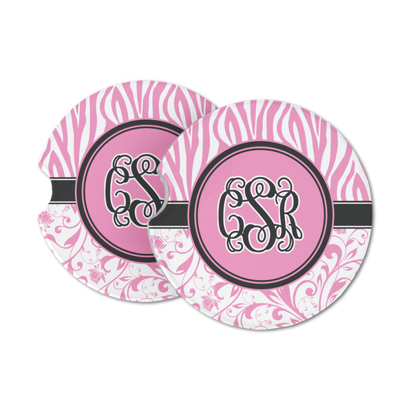 Custom Zebra & Floral Sandstone Car Coasters - Set of 2 (Personalized)