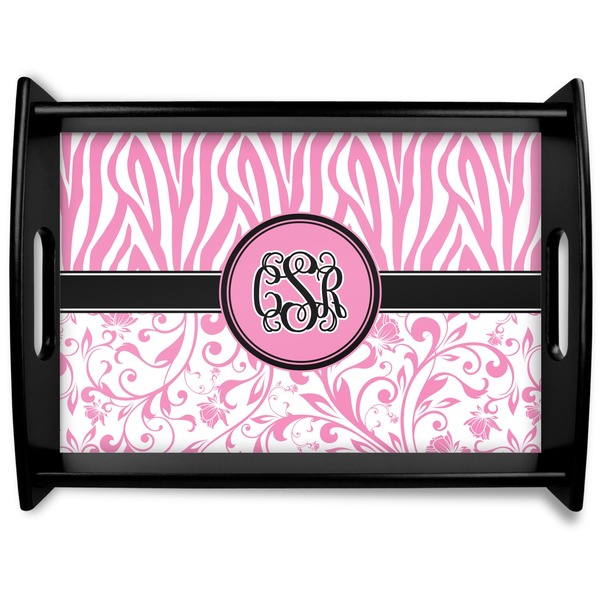 Custom Zebra & Floral Black Wooden Tray - Large (Personalized)
