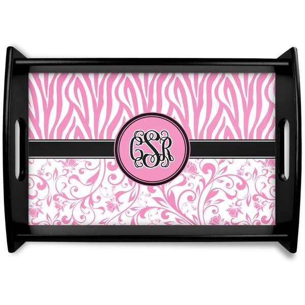 Custom Zebra & Floral Black Wooden Tray - Small (Personalized)