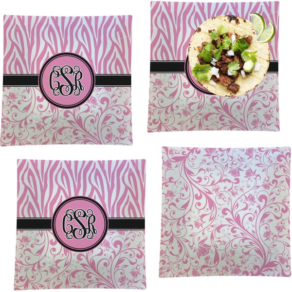 Custom Zebra & Floral Set of 4 Glass Square Lunch / Dinner Plate 9.5" (Personalized)