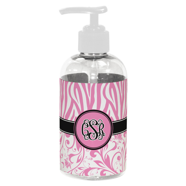Custom Zebra & Floral Plastic Soap / Lotion Dispenser (8 oz - Small - White) (Personalized)