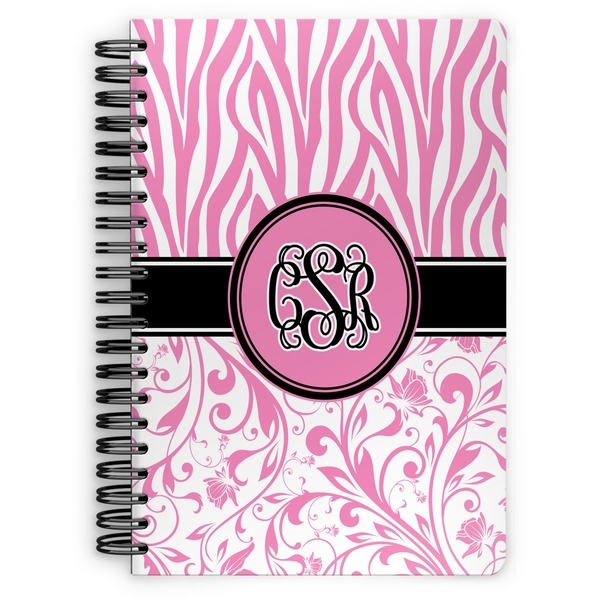 Custom Zebra & Floral Spiral Notebook - 7x10 w/ Monogram