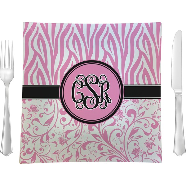 Custom Zebra & Floral Glass Square Lunch / Dinner Plate 9.5" (Personalized)