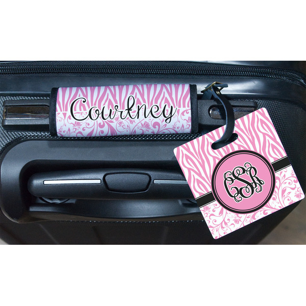 Zebra & Floral Square Luggage Tag & Handle Wrap - In Context