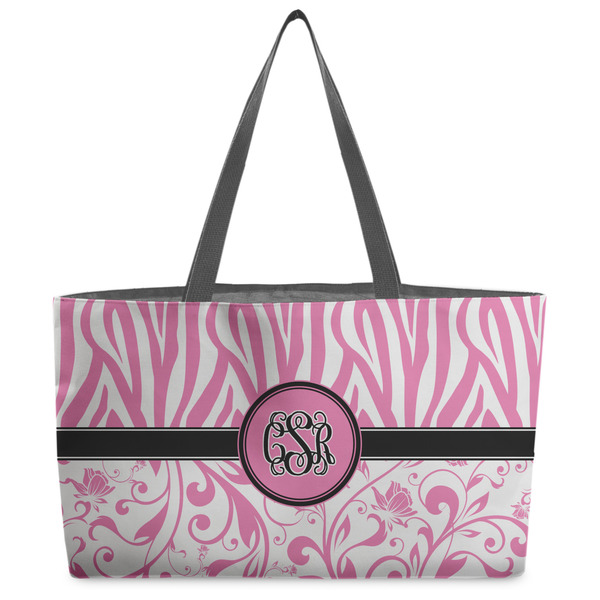 Custom Zebra & Floral Beach Totes Bag - w/ Black Handles (Personalized)