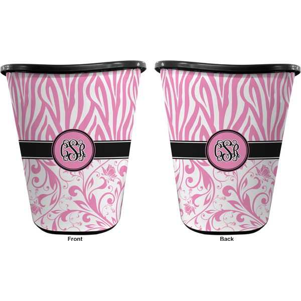 Zebra & Floral Trash Can Black - Front and Back - Apvl