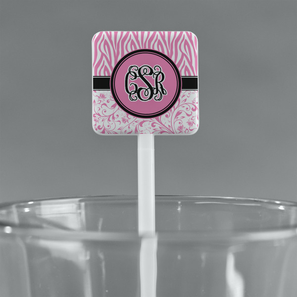 Zebra & Floral White Plastic Stir Stick - Square - Main