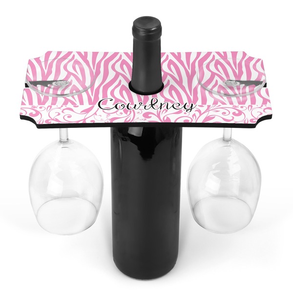 Custom Zebra & Floral Wine Bottle & Glass Holder (Personalized)
