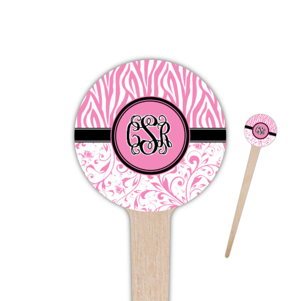 Custom Zebra & Floral 4" Round Wooden Food Picks - Double Sided (Personalized)