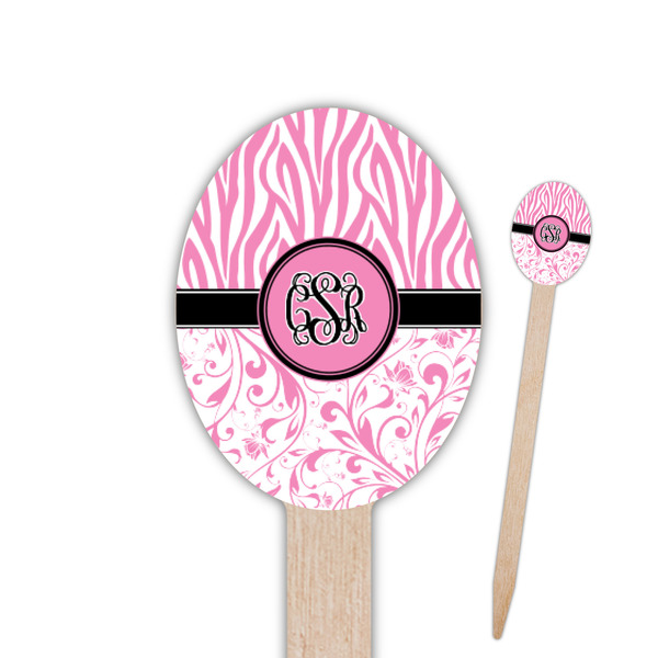 Custom Zebra & Floral Oval Wooden Food Picks - Double Sided (Personalized)