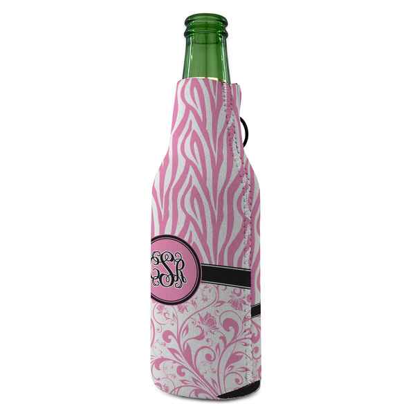 Zebra & Floral Zipper Bottle Cooler - ANGLE (bottle)