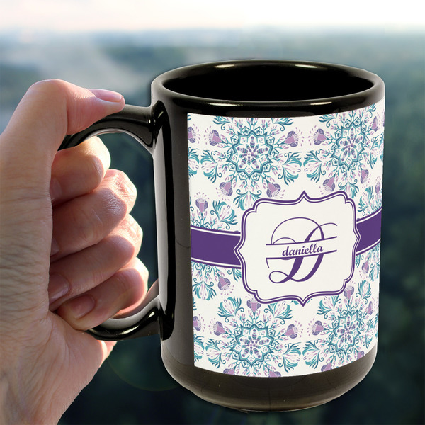 Mandala Floral 15oz. Black Mug - LIFESTYLE