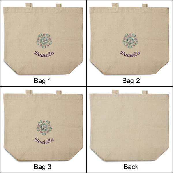Mandala Floral 3 Reusable Cotton Grocery Bags - Front & Back View