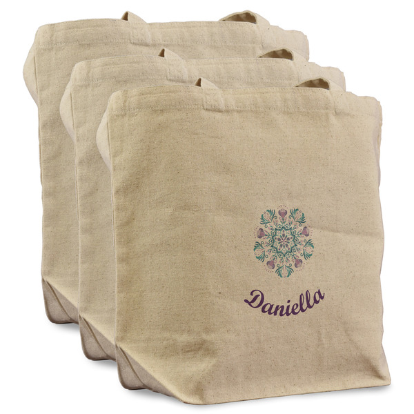 Custom Mandala Floral Reusable Cotton Grocery Bags - Set of 3 (Personalized)