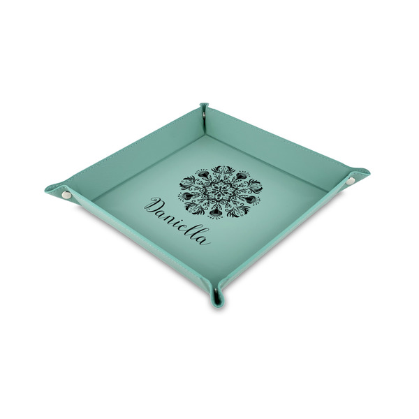 Custom Mandala Floral 6" x 6" Teal Faux Leather Valet Tray (Personalized)