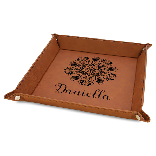 Custom Mandala Floral 9" x 9" Faux Leather Valet Tray w/ Name and Initial