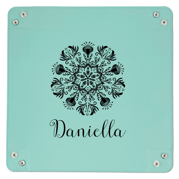 Mandala Floral 9" x 9" Teal Leatherette Snap Up Tray - APPROVAL