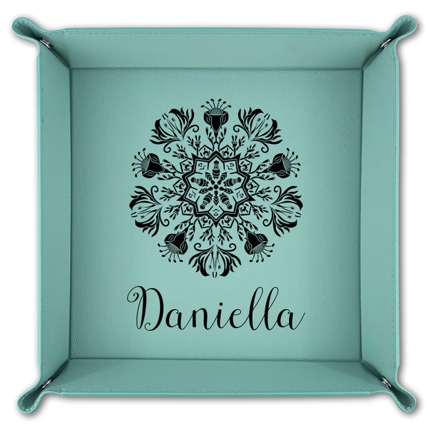 Mandala Floral 9" x 9" Teal Leatherette Snap Up Tray - FOLDED