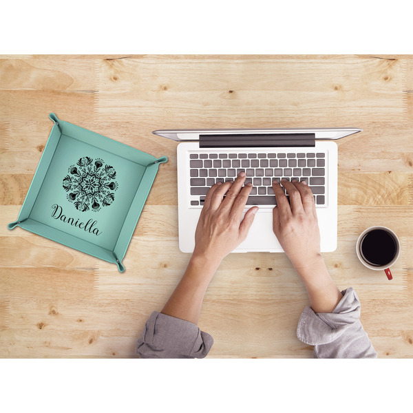 Mandala Floral 9" x 9" Teal Leatherette Snap Up Tray - LIFESTYLE