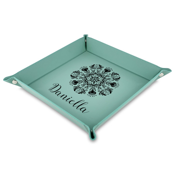 Custom Mandala Floral 9" x 9" Teal Faux Leather Valet Tray (Personalized)