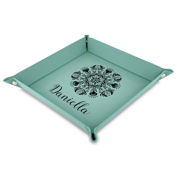 Custom Mandala Floral Faux Leather Dice Tray - 9" x 9"  - Teal (Personalized)