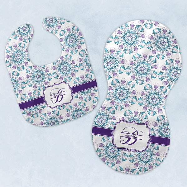 Custom Mandala Floral Baby Bib & Burp Set w/ Name and Initial