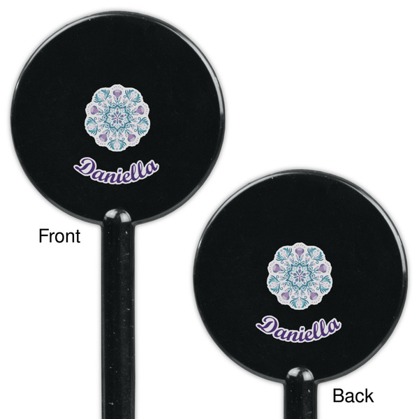 Mandala Floral Black Plastic 5.5" Stir Stick - Double Sided - Round - Front & Back