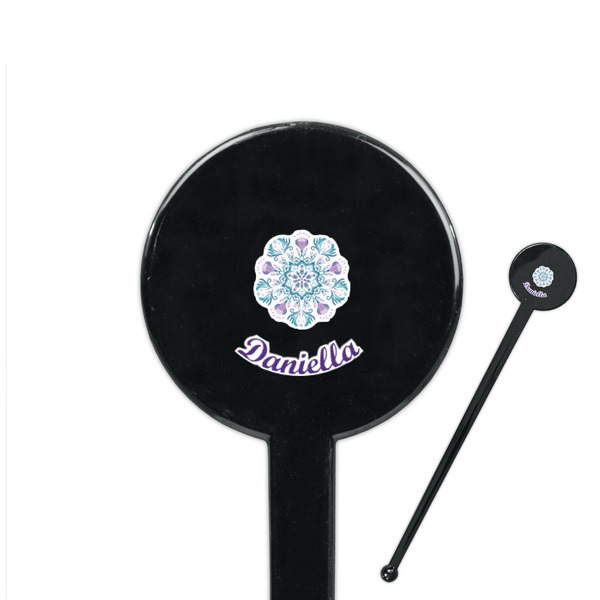 Custom Mandala Floral 7" Round Plastic Stir Sticks - Black - Single Sided (Personalized)