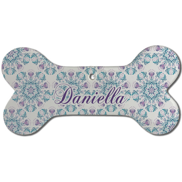 Custom Mandala Floral Ceramic Dog Ornament - Front w/ Name and Initial