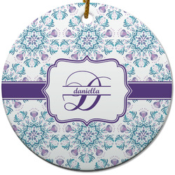 Mandala Floral Round Ceramic Ornament w/ Name and Initial