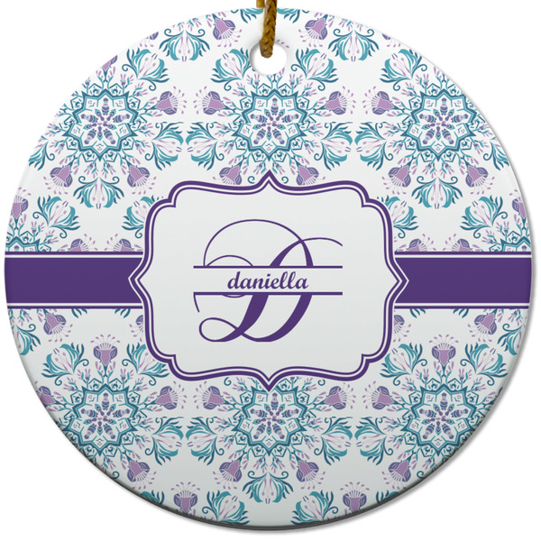 Custom Mandala Floral Round Ceramic Ornament w/ Name and Initial