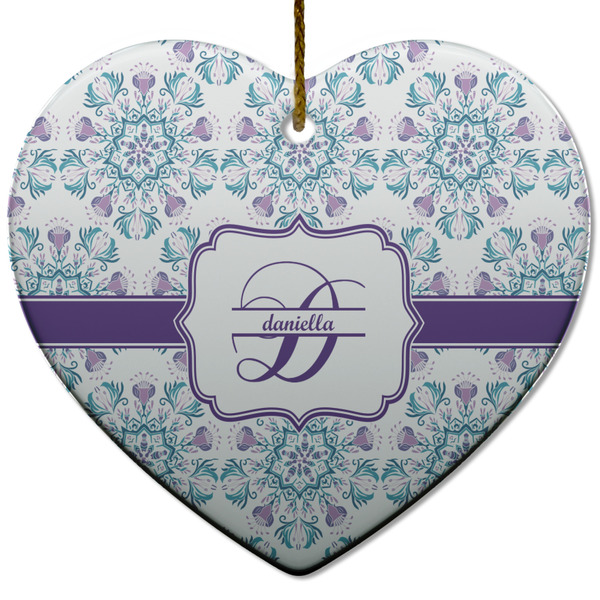 Custom Mandala Floral Heart Ceramic Ornament w/ Name and Initial