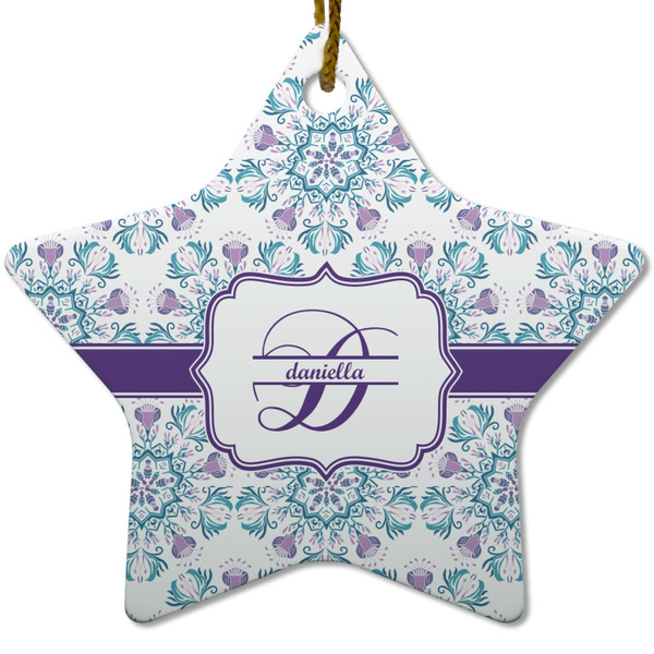 Custom Mandala Floral Star Ceramic Ornament w/ Name and Initial