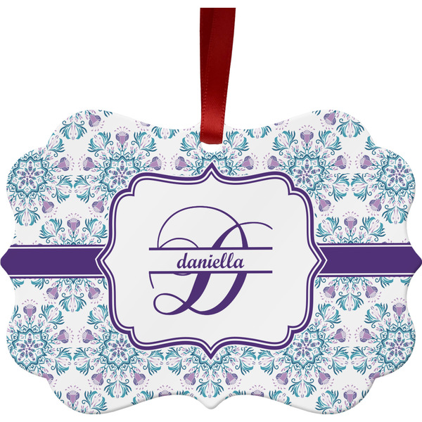 Custom Mandala Floral Metal Frame Ornament - Double Sided w/ Name and Initial