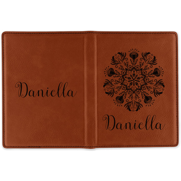 Mandala Floral Cognac Leather Passport Holder Outside Double Sided - Apvl