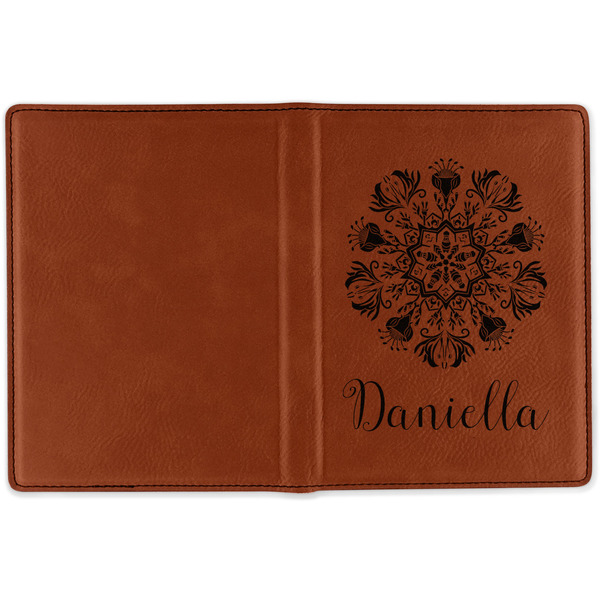 Mandala Floral Cognac Leather Passport Holder Outside Single Sided - Apvl