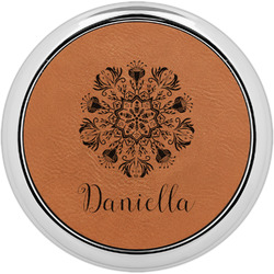 Mandala Floral Set of 4 Leatherette Round Coasters w/ Silver Edge (Personalized)