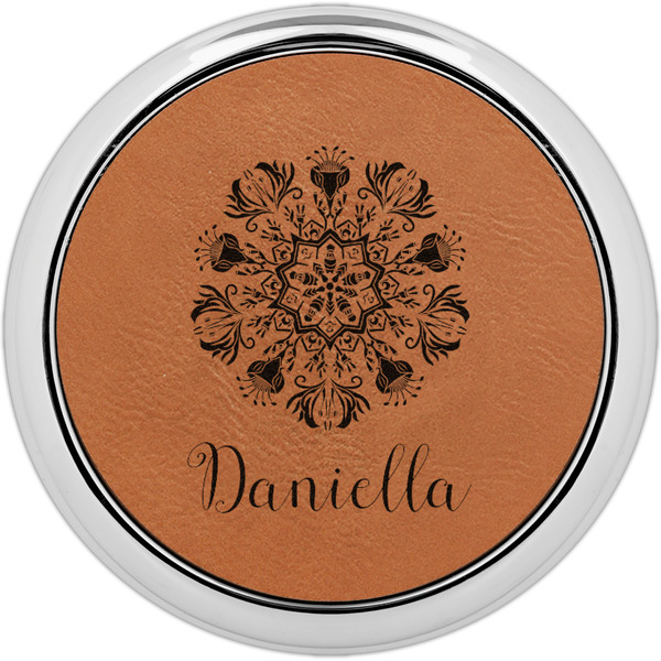 Custom Mandala Floral Leatherette Round Coaster w/ Silver Edge - Single or Set (Personalized)