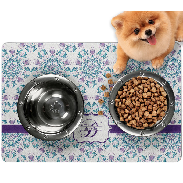 Custom Mandala Floral Dog Food Mat - Small w/ Name and Initial