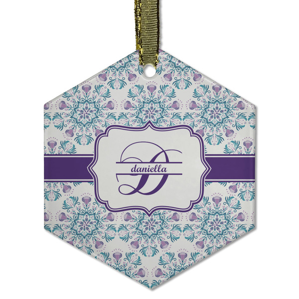 Custom Mandala Floral Flat Glass Ornament - Hexagon w/ Name and Initial