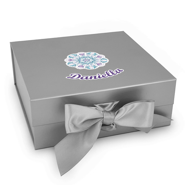 Custom Mandala Floral Gift Box with Magnetic Lid - Silver (Personalized)