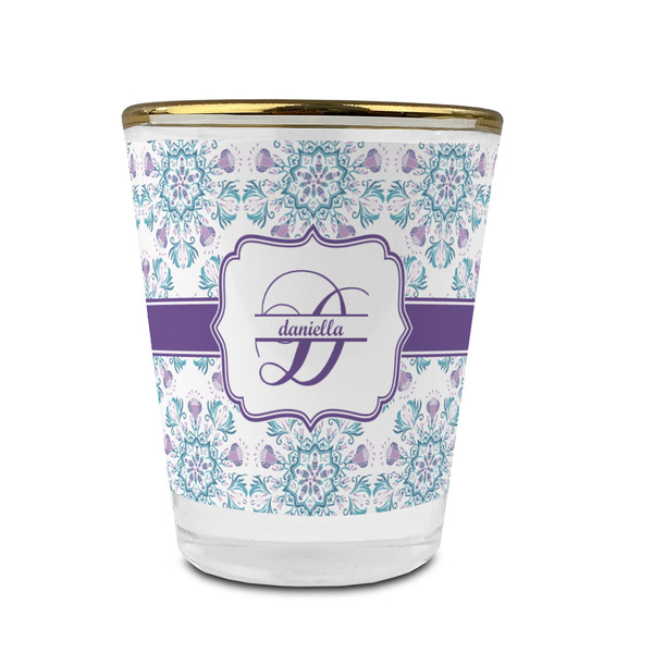 Mandala Floral Glass Shot Glass - With gold rim - FRONT