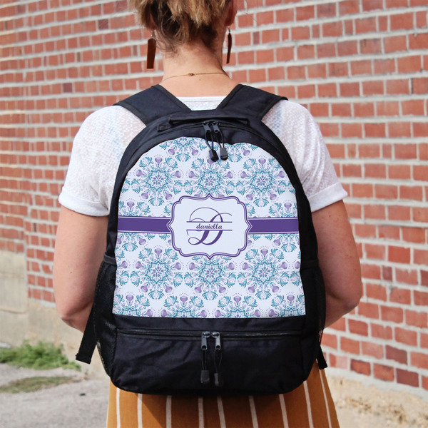 Mandala Floral Large Backpack - Black - On Back