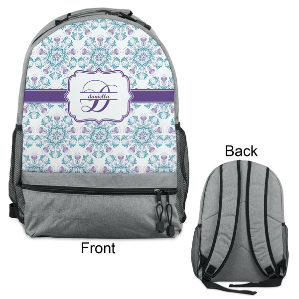 Mandala Floral Large Backpack - Gray - Front & Back View
