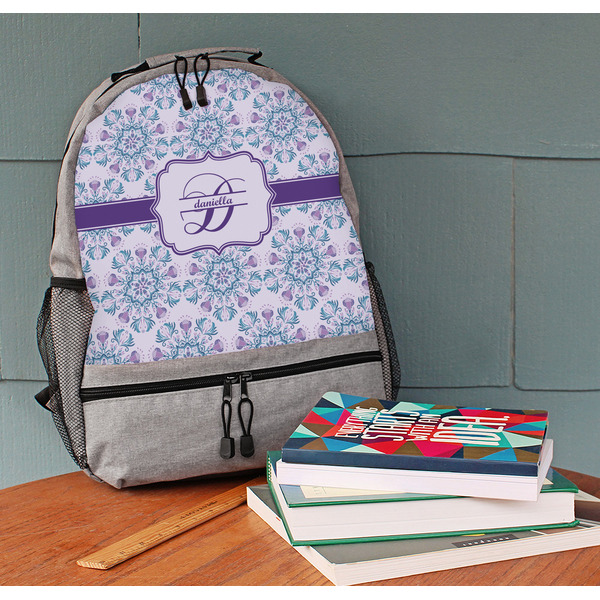 Mandala Floral Large Backpack - Gray - On Desk