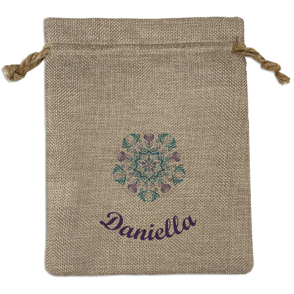 Custom Mandala Floral Medium Burlap Gift Bag - Front (Personalized)