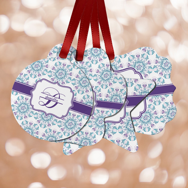 Custom Mandala Floral Metal Ornaments - Double Sided w/ Name and Initial