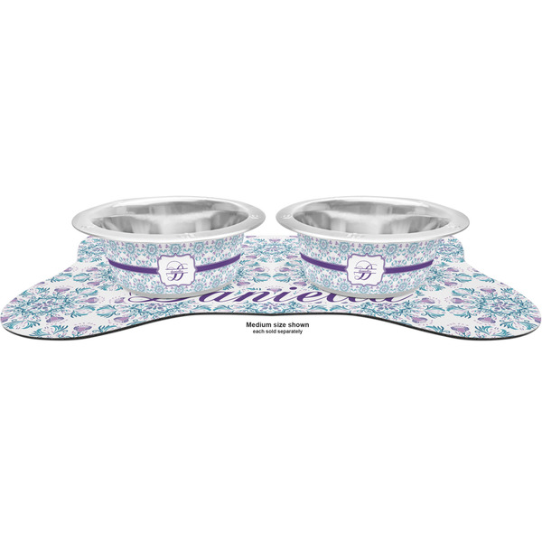 Mandala Floral Metal Pet Bowls - On Dog Bone Shaped Mat
