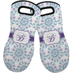 Mandala Floral Neoprene Oven Mitts - Set of 2 w/ Name and Initial