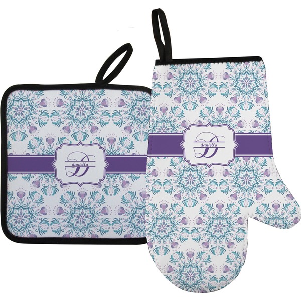 Custom Mandala Floral Right Oven Mitt & Pot Holder Set w/ Name and Initial